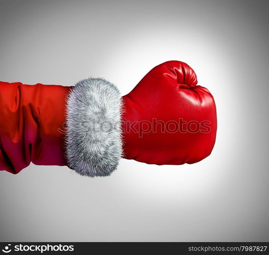 Santa clause boxing glove concept as a holiday business concept for competing consumer shopping after christmas for sales and bargains..