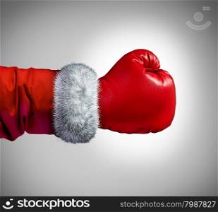 Santa clause boxing glove concept as a holiday business concept for competing consumer shopping after christmas for sales and bargains..