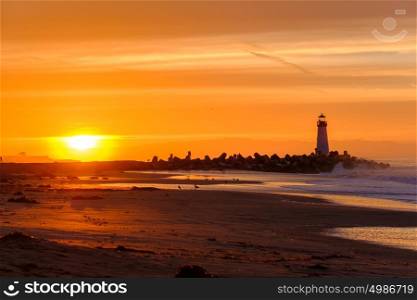 Santa Cruz Breakwater Light (Walton Lighthouse) at sunrise, Pacific coast, California, USA