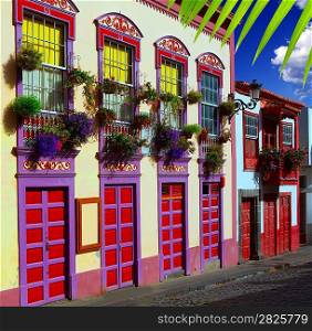 Santa Cruz de La Palma colonial flowers house facades in canary Islands
