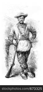 Santa Cruz Holding a Rifle in Amazonas, Brazil, drawing by Riou from a sketch by Dr. Crevaux, vintage engraved illustration. Le Tour du Monde, Travel Journal, 1881