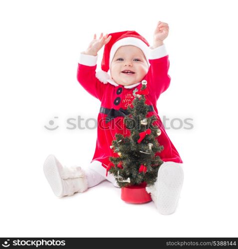 Santa girl and fir tree isolated on white