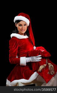 Santa Girl presenting your product, in costume and white gloves