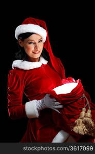 Santa Girl presenting your product, in costume and white gloves