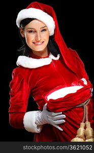 Santa Girl presenting your product, in costume and white gloves