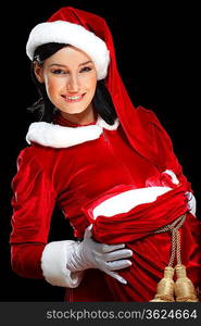 Santa Girl presenting your product, in costume and white gloves