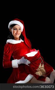 Santa Girl presenting your product, in costume and white gloves