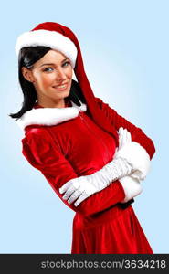 Santa Girl presenting your product, in costume and white gloves