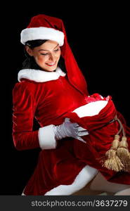 Santa Girl presenting your product, in costume and white gloves