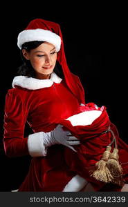 Santa Girl presenting your product, in costume and white gloves