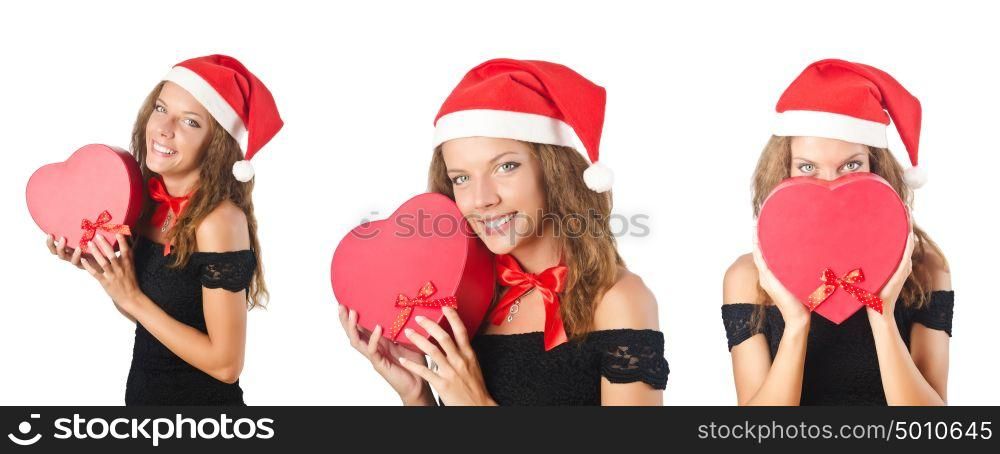 Santa girl with giftboxes on white