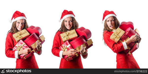 Santa girl with giftboxes on white