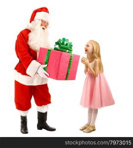 Santa Gives a Gift to a Happy Little Girl on the White Background