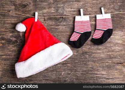 Santa hat attached to the rope with clothespin