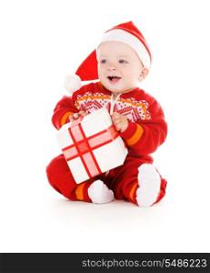 santa helper baby with christmas gift over white