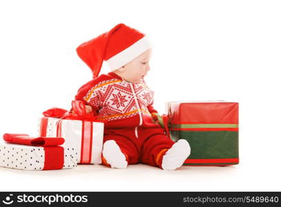 santa helper baby with christmas gifts over white