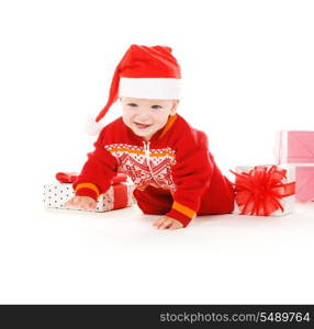 santa helper baby with christmas gifts over white