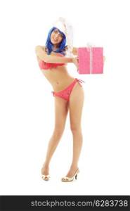 santa helper girl on high heels with blue hair and pink gift box