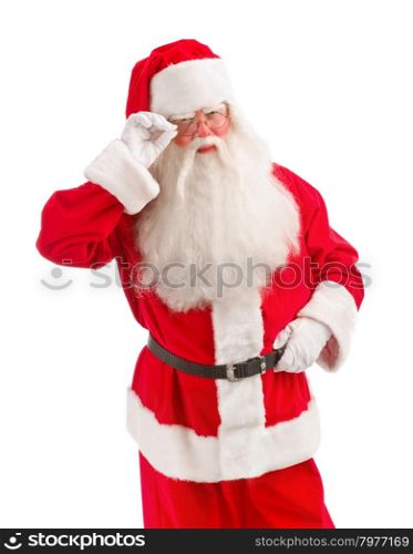 Santa Holding Christmas Present in his Hands on a White Background