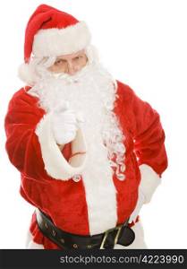 Santa is pointing his finger at the camera and looking stern. Isolated on white.