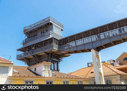 Santa Justa lift built by Raoul Mesnard in 1902 in Lisbon in a beautiful summer day, Portugal