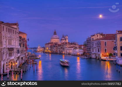 Santa Maria Della Salute, Church of Health in blue hour at Grand Canal, Venice Italy.