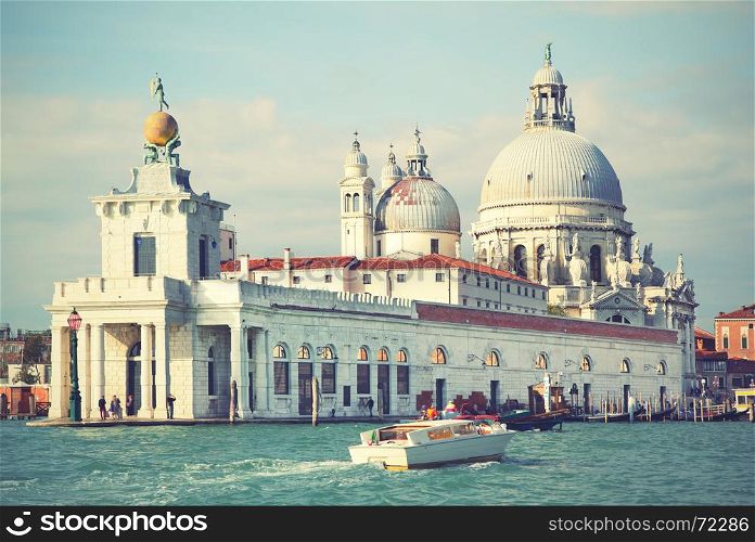 Santa Maria della Salute church on Grand Canal in Venice, Italy. Retro style filtred image