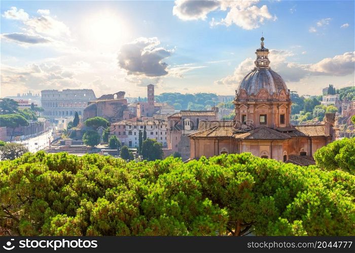 Santa Maria Nova basilica and view of Rome, Italy.