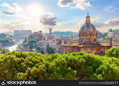 Santa Maria Nova basilica and view of Rome, Italy.