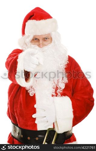Santa pointing his finger at the camera. Isolated on white.