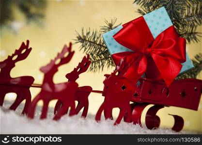 Santa sleigh on gift box background. Christmas, Santa sleigh on gift box background