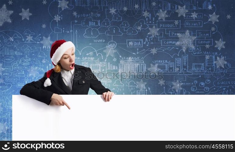 Santa with banner. Santa woman pointing with finger at blank banner. Place for your text