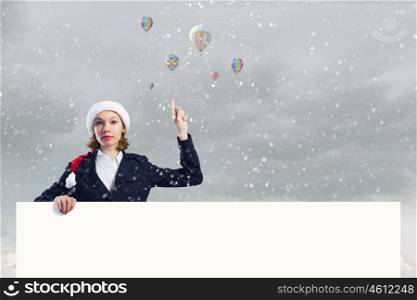 Santa with banner. Santa woman with blank banner. Place for your text