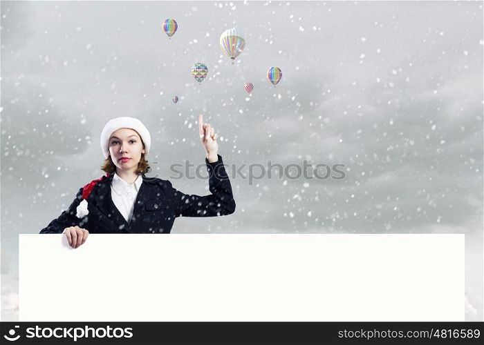 Santa with banner. Santa woman with blank banner. Place for your text