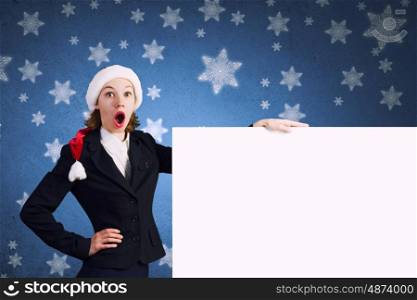 Santa with banner. Shocked Santa woman with blank banner. Place for your text