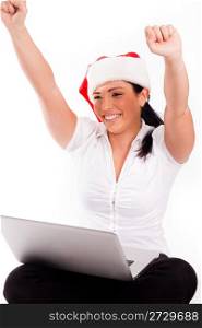 Santa woman enjoing her online shopping on a white isolated backgroud
