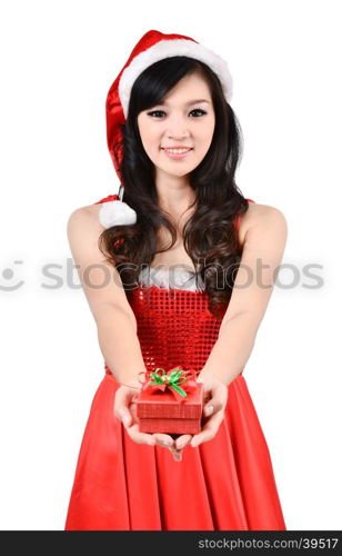 Santa woman holding a gift box isolated on white background