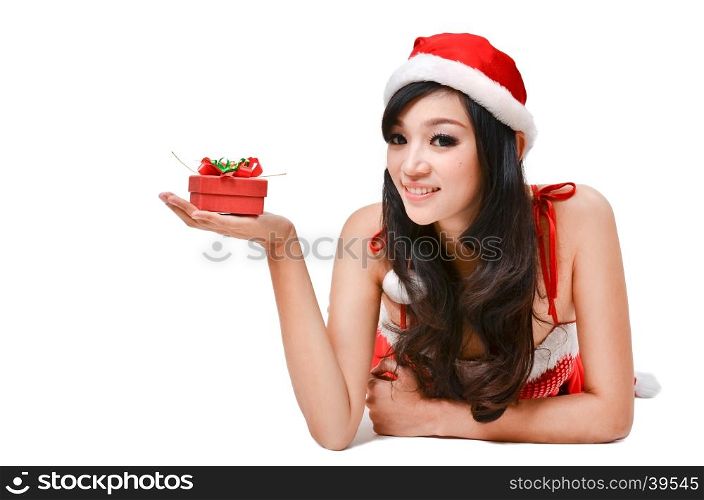 Santa woman holding a gift box isolated on white background