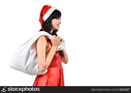 Santa woman holding a white bagisolated a on white background