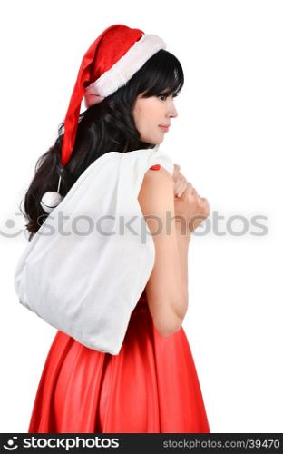Santa woman holding a white bagisolated a on white background