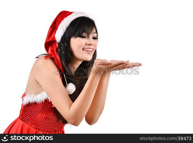 Santa woman holding a white poster isolated a on gray background