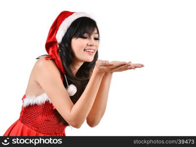 Santa woman holding a white poster isolated a on gray background