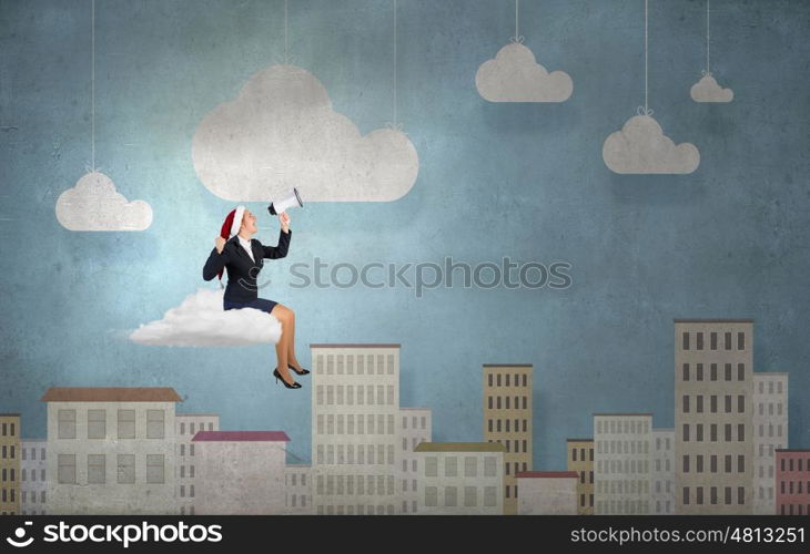 Santa woman making announcement. Santa businesswoman sitting on cloud and shouting into megaphone