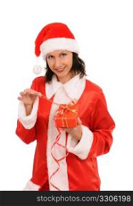 santa woman with gift isolated on white background