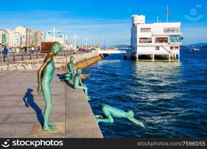 SANTANDER, SPAIN - SEPTEMBER 26, 2017: Los Raqueros Monument jumping boys at Santander embankment promenade in Santander city, Cantabria region, Spain