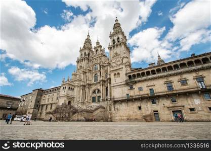 Santiago de Compostela cathedral low angle view from Obradoiro square