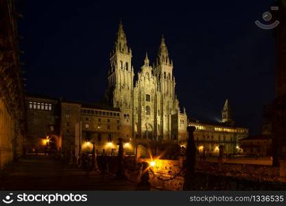 Santiago de Compostela Cathedral view at night. Cathedral of Saint James pilgrimage. Obradoiro square, Galicia, Spain