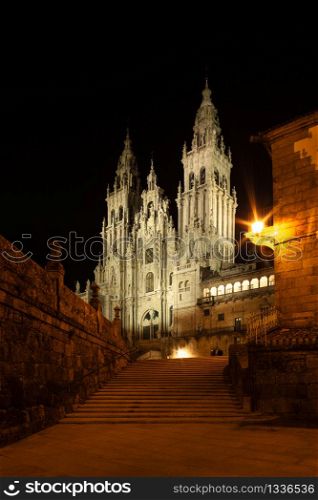 Santiago de Compostela Cathedral view at night. Cathedral of Saint James pilgrimage. Obradoiro square, Galicia, Spain