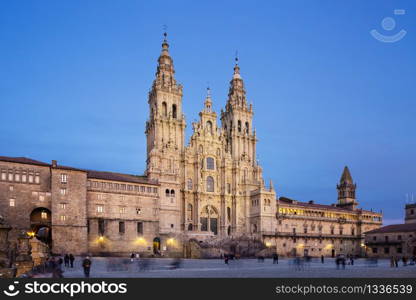 Santiago de Compostela Cathedral view from Obradoiro square at twilight. Cathedral of Saint James. Galicia, Spain