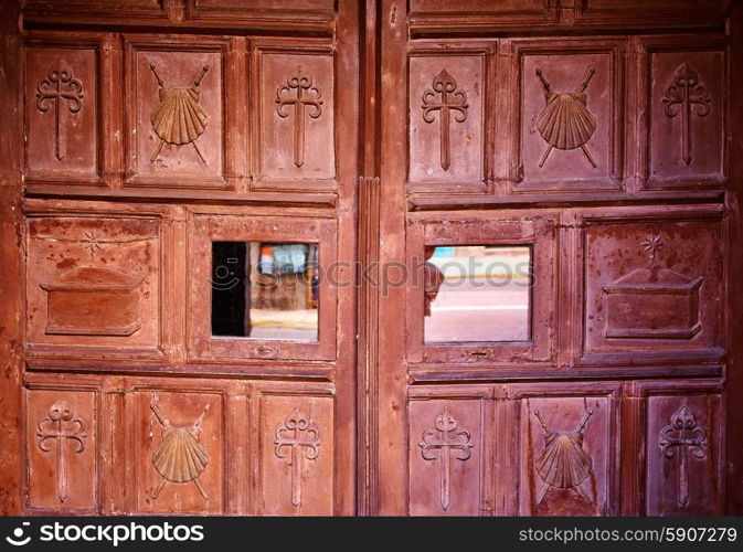 Santiago de Compostela end of Saint James Way carved wood sign in Galicia Spain